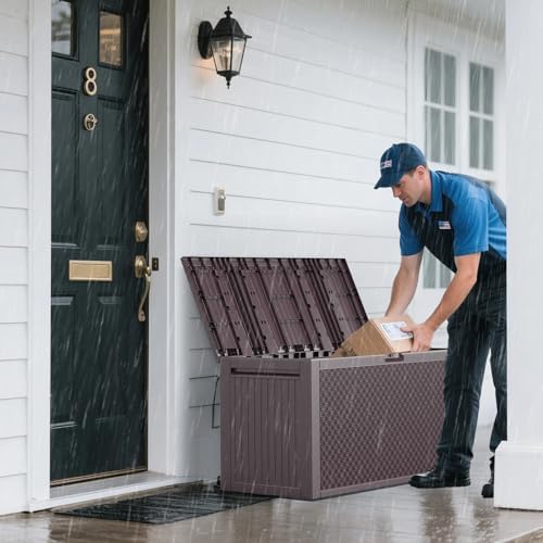 VINGLI 90 Gallon Lockable Durable Outdoor Storage Box, Brown