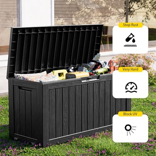 ROJIK Deck Box Storage Bench with Wheels Outdoor, 140 Gallon, Black