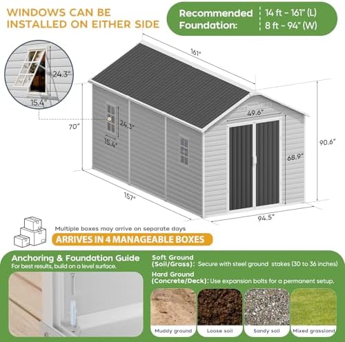 WACASA 8x14 FT Deep Resin Plastic Outdoor Storage Shed, Floor Included
