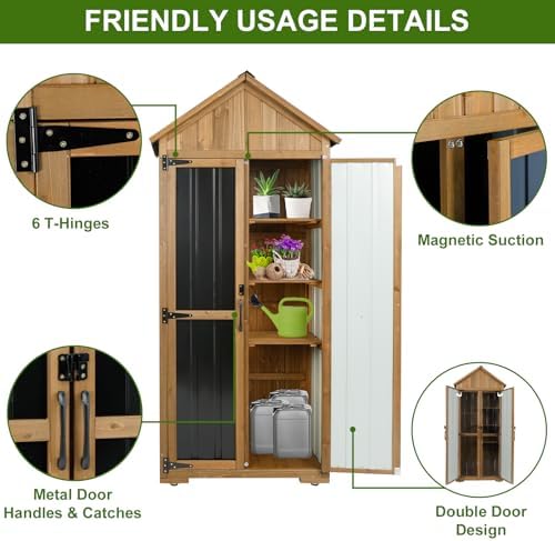 Wood & Metal Outdoor Storage Cabinet with Waterproof Roof, Garden Tool Sh...