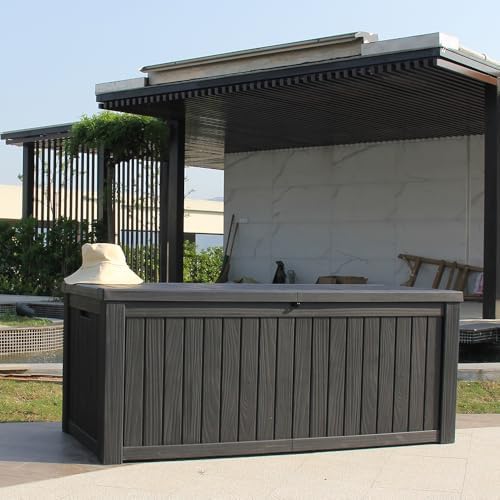 BTEXPERT 150 Gallon Large Resin Deck Box, Outdoor Storage Container with Meta...