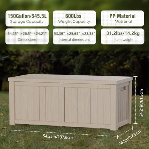 Outdoor Storage Box Waterproof, 150 Gallon Lockable Resin Deck Box Large, Pat...