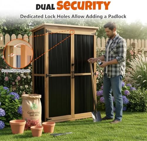 Outdoor Storage Cabinet with Shelves, Wood & Metal Storage Shed with Weat...