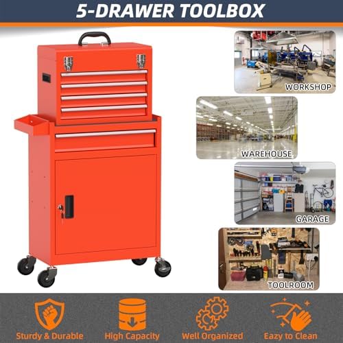 5-Drawer High Capacity Rolling Tool Chest, Removable Cabinet Storage Tool Box...