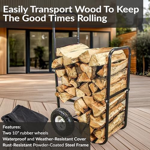 Sunnydaze Metal Firewood Carrier with Wheels, Cover Included, 43” H, Black