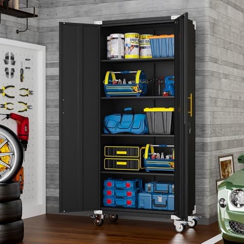 pozdeg 71" Black Tall Lockable Rolling Metal Garage Storage Cabinet 