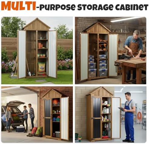 Outdoor Storage Cabinet with Shelves, Wood & Metal Storage Shed with Weat...