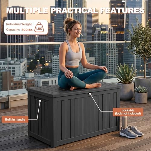 EFU Outdoor Storage Box 320 Gallon Deck Box, Waterproof Resin, Black