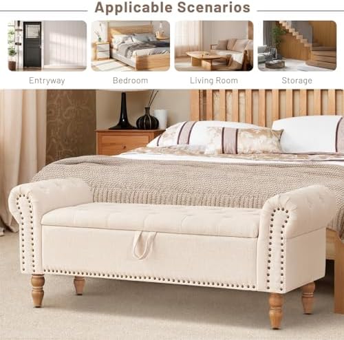 Furniliving 51” Storage Benches, End of Bed Bench with Button-Tufted Large Up...