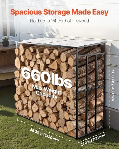 VEVOR Firewood Rack with Sloped Roof, 4 ft Outdoor Firewood Holder, 1/4 Cord ...