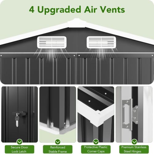MXV 6x4 FT Outdoor Metal Storage Shed, Lockable Galvanized Steel Tool House w...