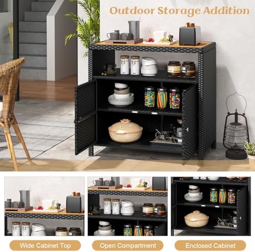 Rattan Storage Cabinet, Outdoor & Indoor Sideboards with Acacia Wood Coun...