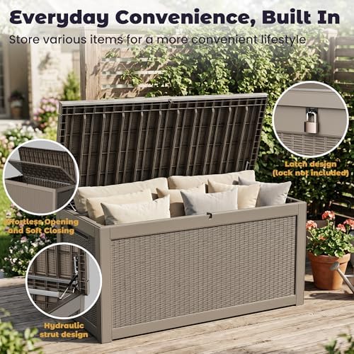 PatioZen 360 Gallon Outdoor Storage Box, Heavy Duty Resin Large Deck Box Orga...