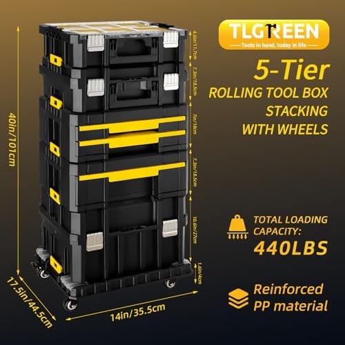 TLGREEN 5-in-1 Stackable Rolling Tool Box with Wheels and Drawers