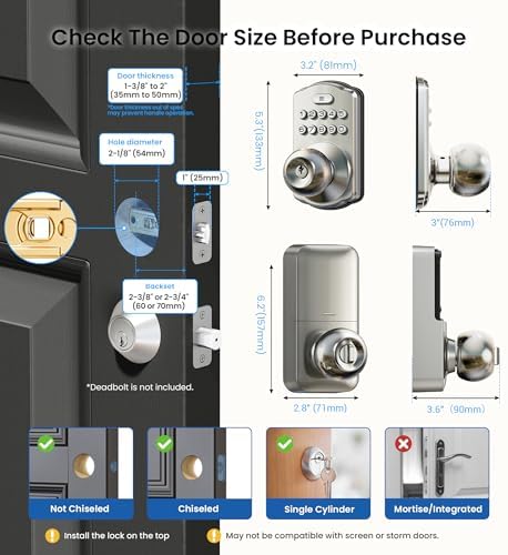 Veise KS03 Keypad Door Knob, Keyless Entry Lock with Handle, Satin Nickel