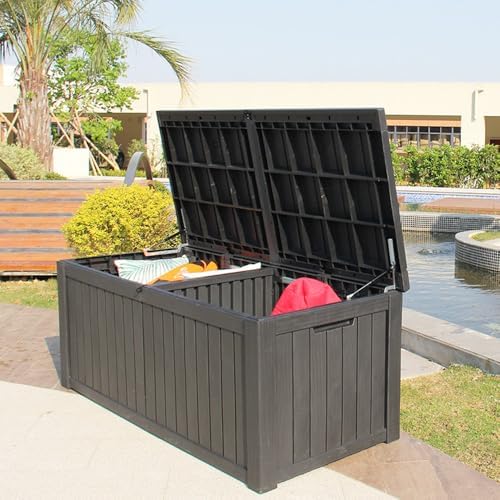 BTEXPERT 150 Gallon Large Resin Deck Box, Outdoor Storage Container with Meta...