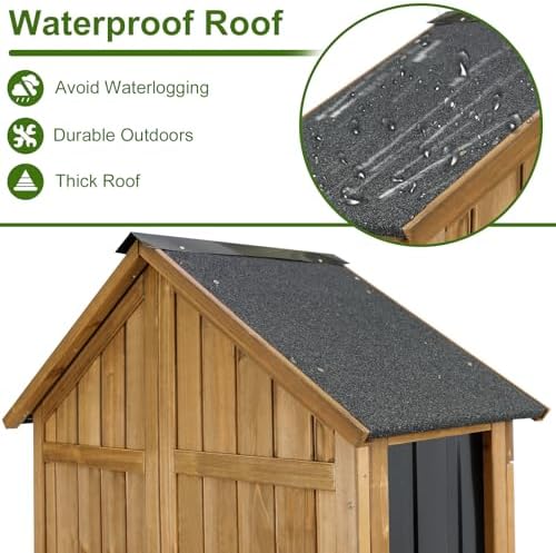 Wood & Metal Outdoor Storage Cabinet with Waterproof Roof, Garden Tool Sh...