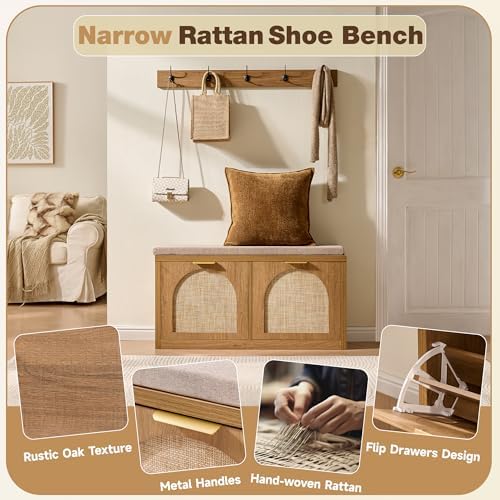 Rattan Narrow Entryway Bench with Shoe Storage, 2 Flip Drawers & Coat Rac...