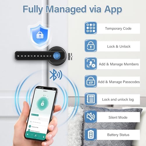 Fingerprint Door Lock, Touchscreen Keypad Lock with Handle, Smart Door Knob