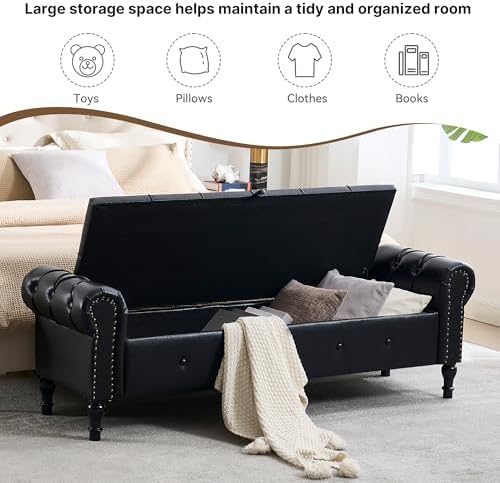 Storage Bench 67" Faux Leather End of Bed Benches Obsidian Black