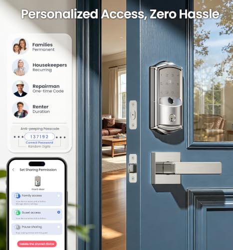 Veise VE027-L WiFi Smart Lock with Handles Set for Front Door, Satin Nickel