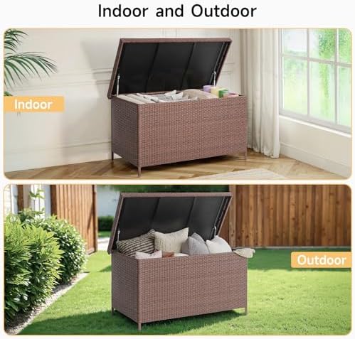 ONBRILL 158 Gallon XL Wicker Deck Box, Outdoor Patio Storage Box, Brown