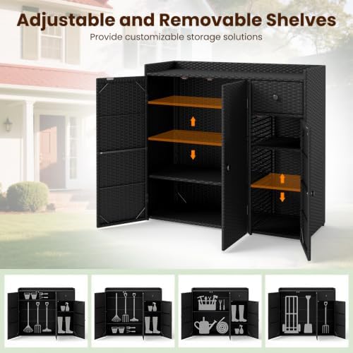 Tangkula Rattan Outdoor Storage Cabinet with 2 Adjustable Shelves
