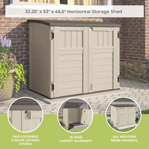 Suncast 34 Cu Ft Capacity Horizontal Outdoor Storage Shed for Garbage Cans, G...