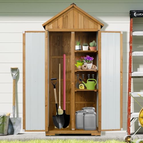 Wood & Metal Outdoor Storage Cabinet with Waterproof Roof, Garden Tool Sh...