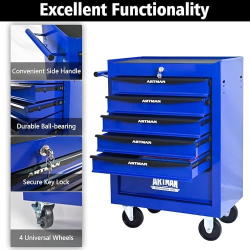 Heavy Duty 6-Drawer Rolling Tool Chest, Key Lock Tool Storage Cabinet with Lo...