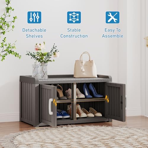 2-Tier Storage Bench, Waterproof UV-Resistant Outdoor Shoe Storage Cabinet wi...