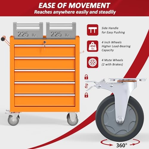 5 Drawers Rolling Tool Chest with Wheels, Portable Rolling Tool Boxes with Wh...