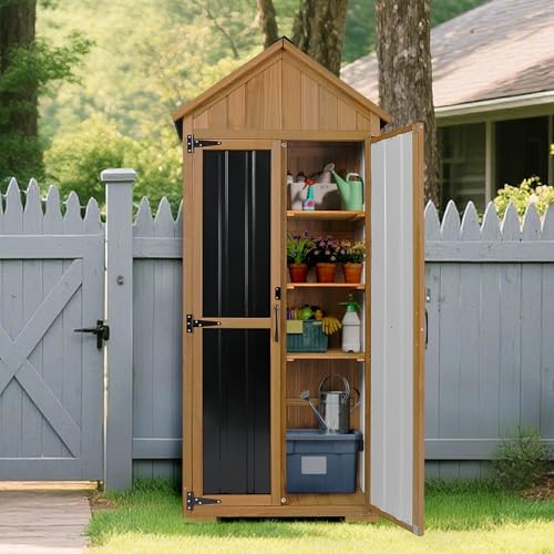 Outdoor Storage Cabinet Waterproof, Outdoor Storage Shed with Shelves, Wood &...