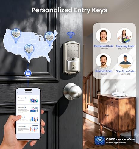 Veise VE027-K WiFi Smart Deadbolt Locks with 2 Knobs Set, Satin Nickel