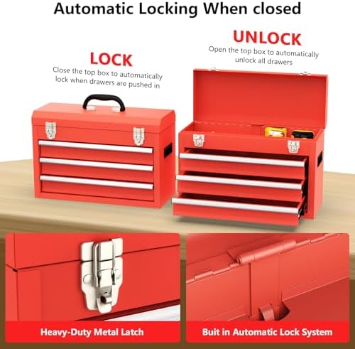 3 Drawer Metal Tool Box, Portable Metal Tool Box with EVC Liners and Latches ...