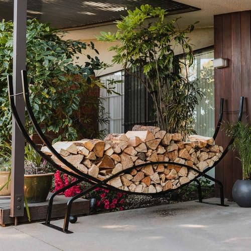 Ash & Ember 8 ft Crescent Firewood Rack, Curved Two-Level Design, Square ...