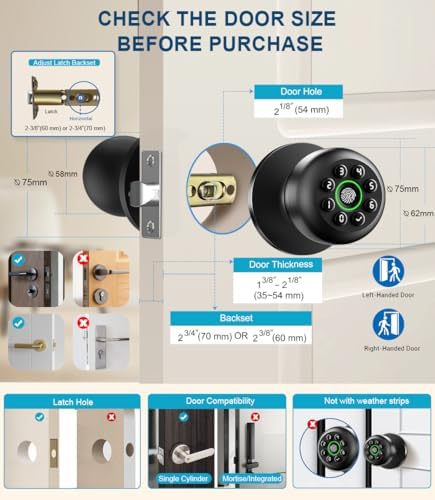 Smart Fingerprint Door Knob with Keypad, Fingerprint Door Lock, Matte Black