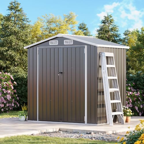 MXV 6x4 FT Outdoor Metal Storage Shed, Lockable Galvanized Steel Tool House w...