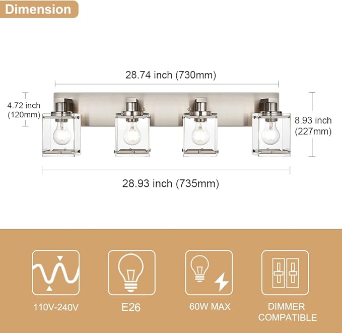 WINSHEN 4-Lights Bathroom Vanity Light Fixtures in Brushed Nickel, E26 Socket