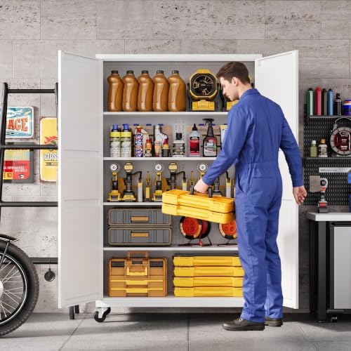 Metal Garage Storage Cabinet with Wheels, Wide & Deep Storage Cabinet wit...
