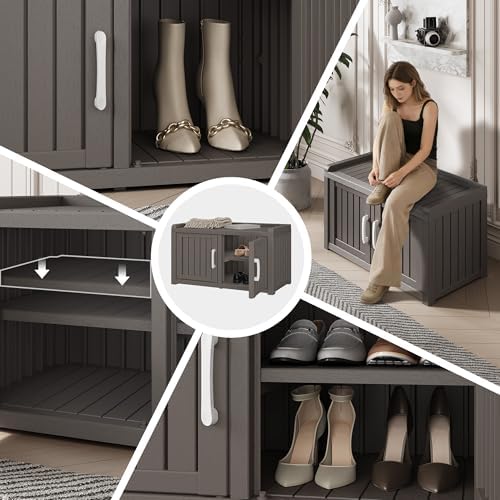 Outdoor Shoe Bench, Waterproof UV-Resistant Indoor Resin Shoe Cabinet, Entryw...
