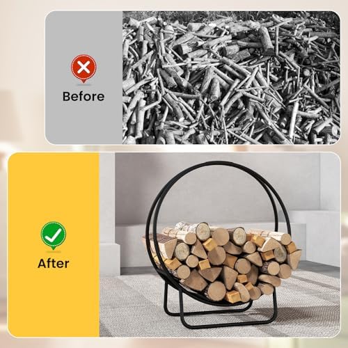 Goplus Firewood Log Hoop, 20" Round Heavy-duty Metal Curved Log Rack wit...