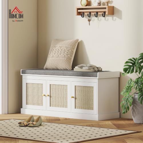 HOMCOM Shoe Bench Storage Rattan Doors 13.8 x 41.3 x 18.5 Inches White