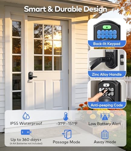 TEEHO TE019 Smart Keypad Door Lock with Handle for Front Door, Matte Black