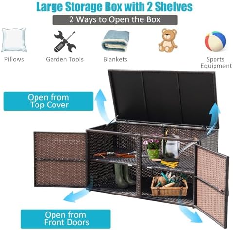 HAPPYGRILL Deck Box Outdoor Wicker Storage Box Cabinet, 88 Gallon Patio Ratta...