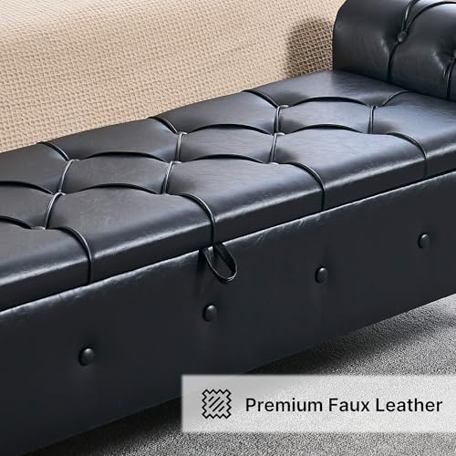 Storage Bench 67" Faux Leather End of Bed Benches Obsidian Black