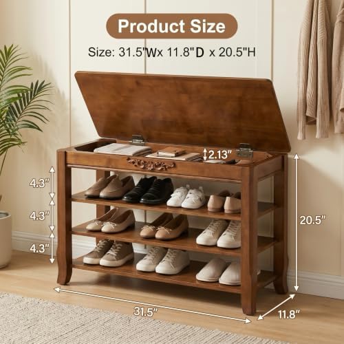 Shoe Rack Bench with Storage 3 Tier Solid Wood Entryway Shoe Rack 31.5"