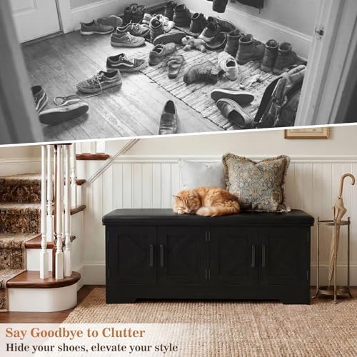 Armocity 43.3" Farmhouse Shoe Storage Bench with Cushion for Entryway
