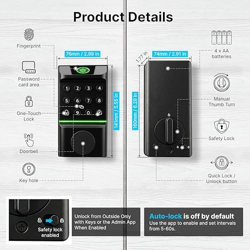Miko i7 Smart Door Lock with Built-in Doorbell, WiFi Fingerprint Keyless Entr...