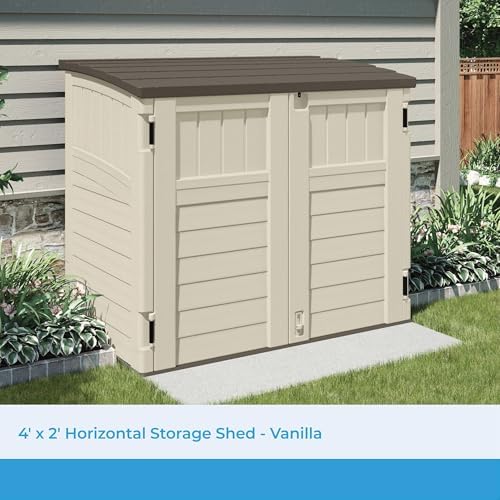 Suncast 34 Cu Ft Capacity Horizontal Outdoor Storage Shed for Garbage Cans, G...